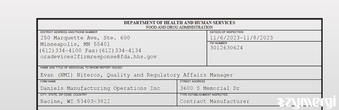 FDANews 483 Daniels Manufacturing Operations Inc Nov 8 2023 top