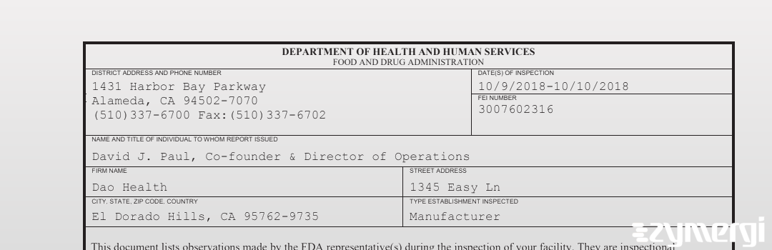 FDANews 483 Dao Health Oct 10 2018 top