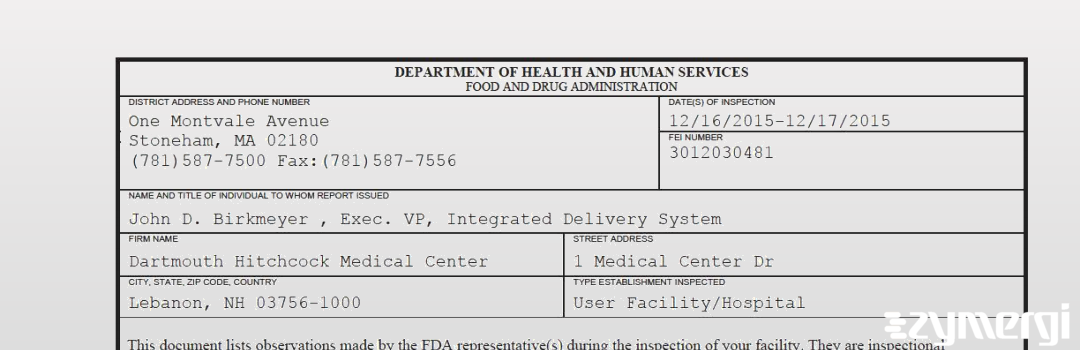 FDANews 483 Dartmouth-Hitchcock Medical Center Dec 17 2015 top