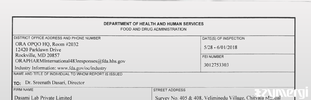 FDANews 483 Dasami Lab Private Limited Jun 1 2018 top