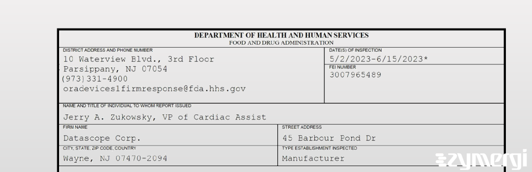 FDANews 483 Datascope Corp. Jun 15 2023 top