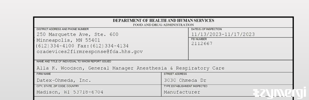 FDANews 483 Datex-Ohmeda, Inc. Nov 17 2023 top