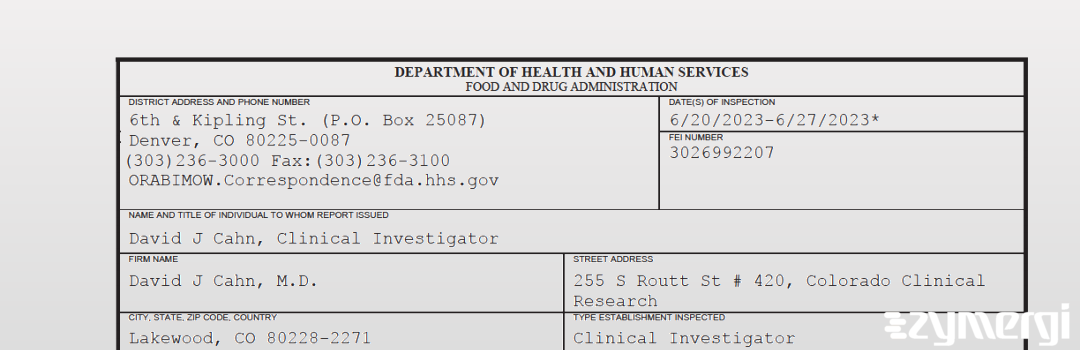 FDANews 483 David J Cahn, M.D. Jun 27 2023 top