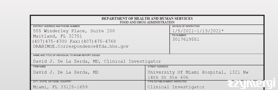 FDANews 483 David J. De La Zerda, MD Jan 13 2021 top