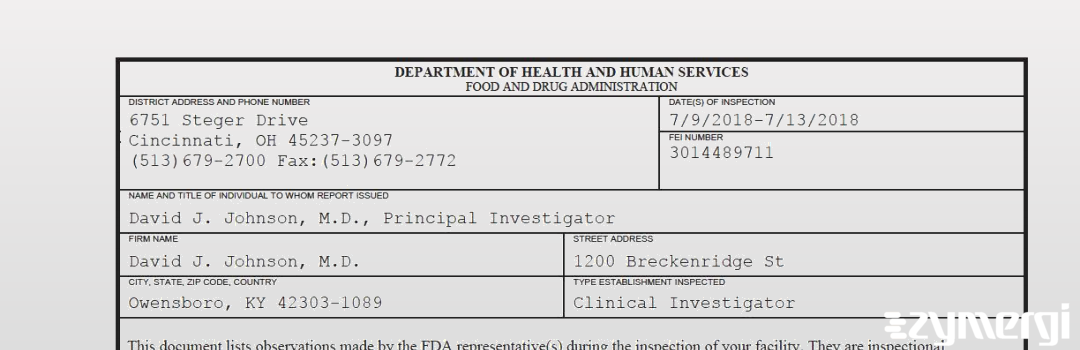 FDANews 483 David J. Johnson, M.D. Jul 13 2018 top