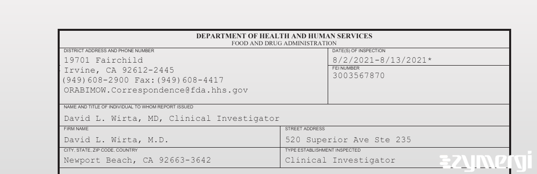 FDANews 483 David L. Wirta, M.D. Aug 13 2021 top