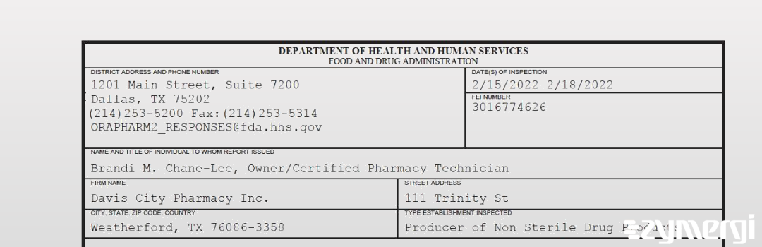 FDANews 483 Davis City Pharmacy Inc. Feb 18 2022 top