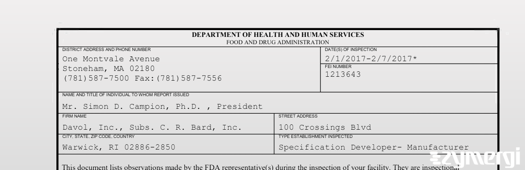 FDANews 483 Davol, Inc., Subs. C. R. Bard, Inc. Feb 7 2017 top