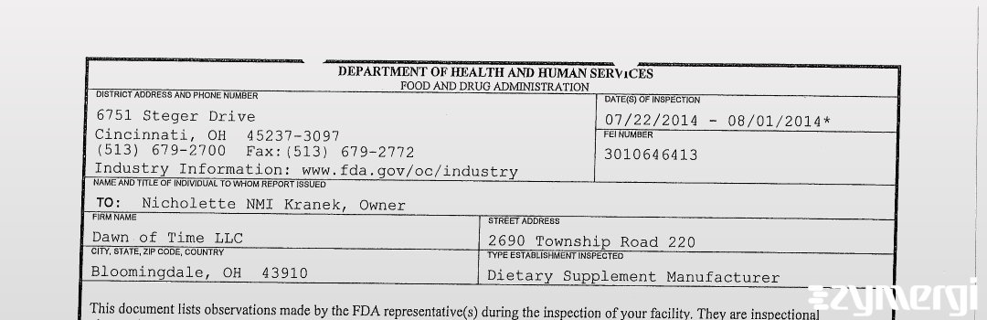 FDANews 483 Dawn of Time LLC Aug 1 2014 top