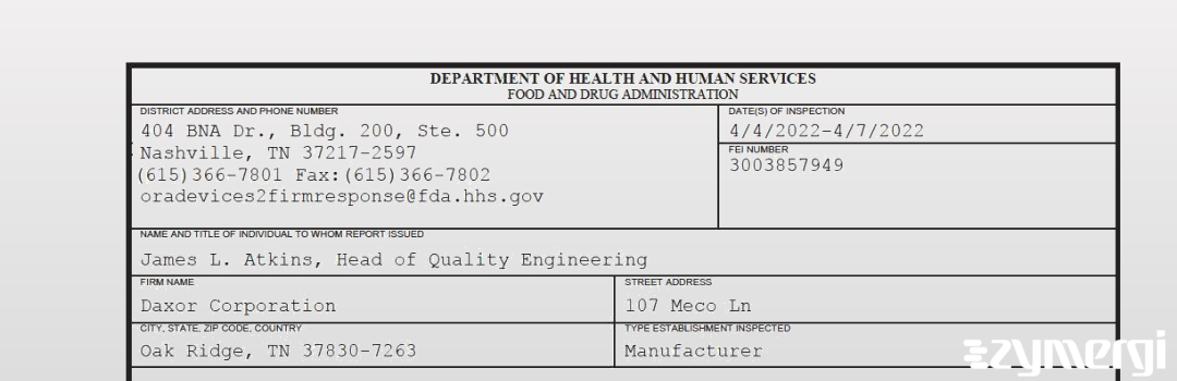 FDANews 483 Daxor Corporation Apr 7 2022 top