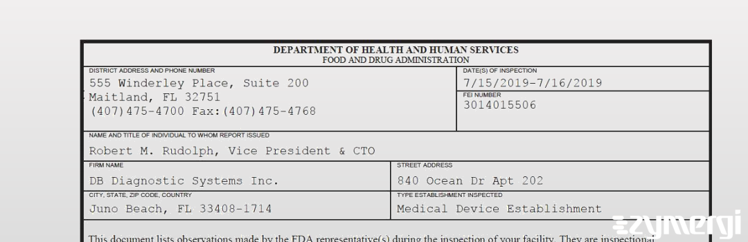 FDANews 483 DB Diagnostic Systems Inc. Jul 16 2019 top