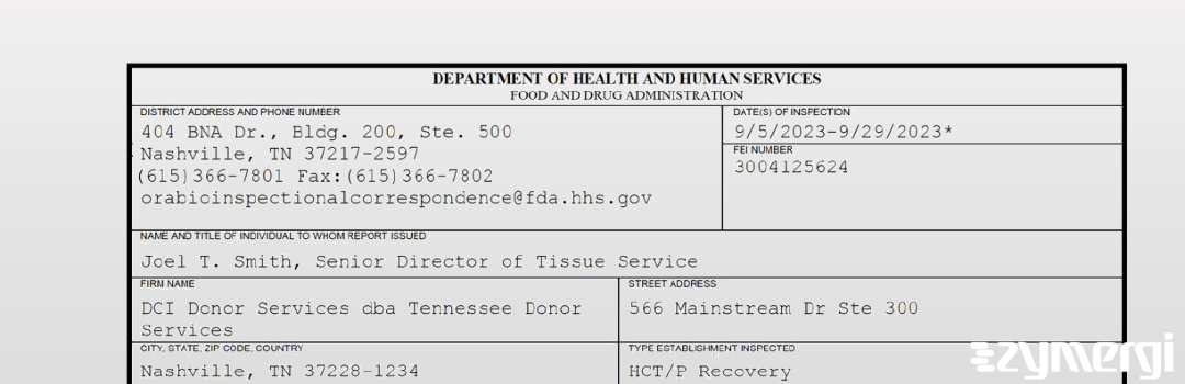 FDANews 483 DCI Donor Services dba Tennessee Donor Services Sep 29 2023 top