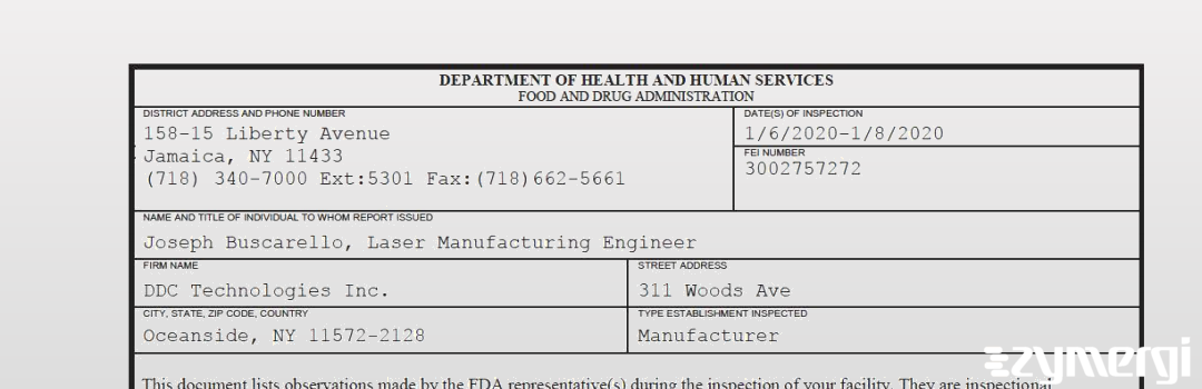 FDANews 483 DDC Technologies, Inc. Jan 8 2020 top