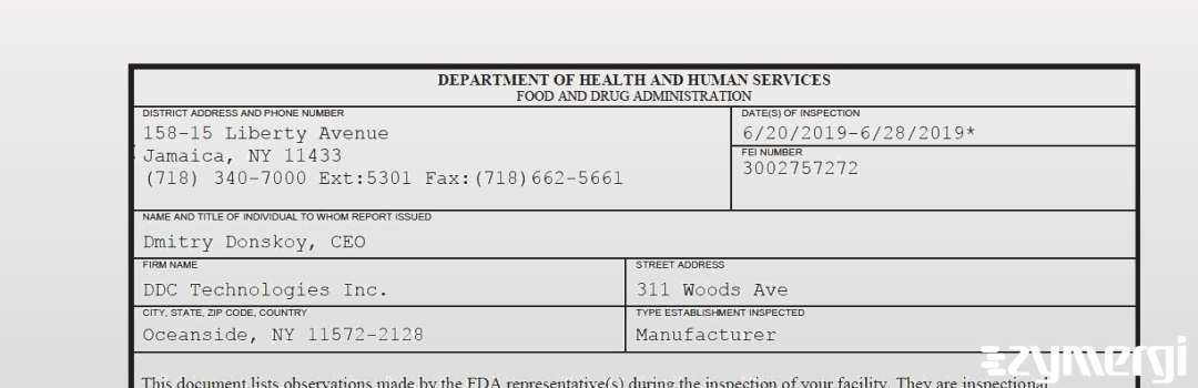 FDANews 483 DDC Technologies, Inc. Jun 28 2019 top