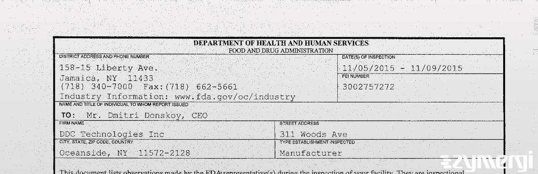 FDANews 483 DDC Technologies, Inc. Nov 9 2015 top