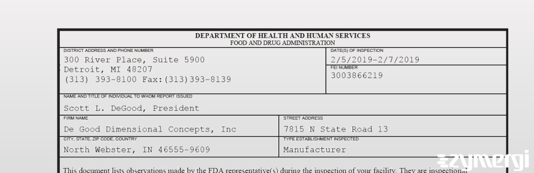 FDANews 483 De Good Dimensional Concepts, Inc Feb 7 2019 top