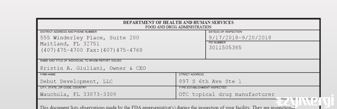 FDANews 483 Debut Development, LLC Sep 20 2018 top