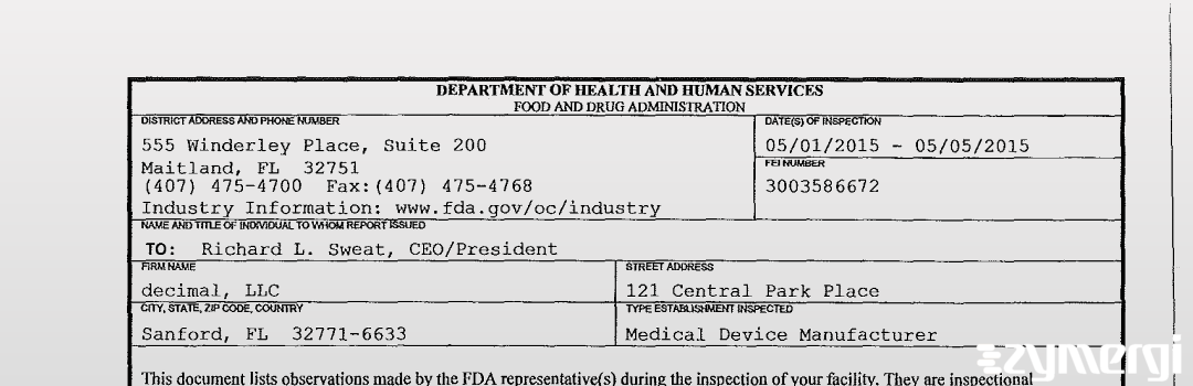 FDANews 483 Decimal Inc. May 1 2015 top