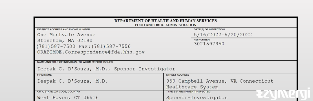 FDANews 483 Deepak C. D'Souza, M.D. May 20 2022 top