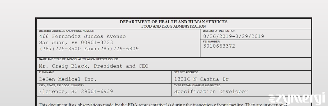 FDANews 483 DeGen Medical Inc. Aug 29 2019 top