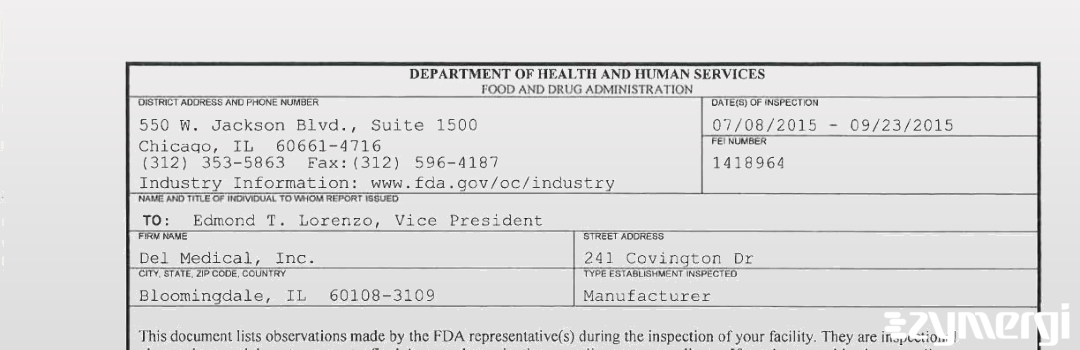 FDANews 483 Del Medical, Inc. Sep 23 2015 top