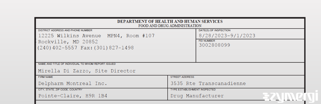 FDANews 483 Delpharm Montreal Inc. Sep 1 2023 top