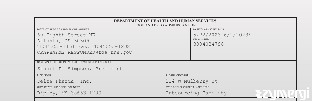 FDANews 483 Delta Pharma Inc. Jun 2 2023 top