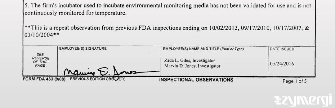 Marvin D. Jones FDA Investigator Zada L. Giles FDA Investigator 