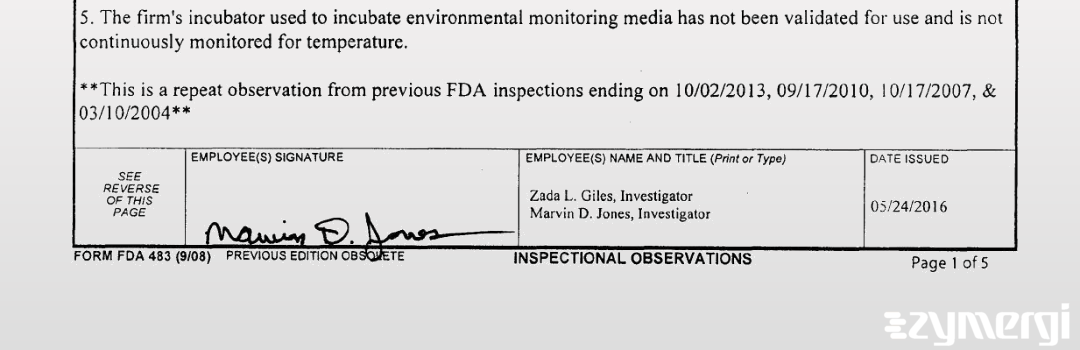 Marvin D. Jones FDA Investigator Zada L. Giles FDA Investigator