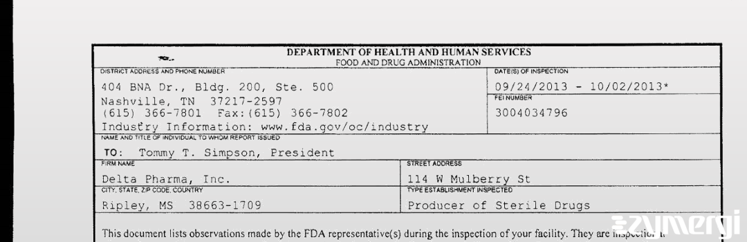 FDANews 483 Delta Pharma Inc. Oct 2 2013 top