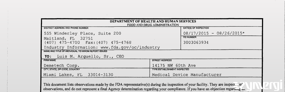 FDANews 483 Demetech Corp. Aug 26 2015 top