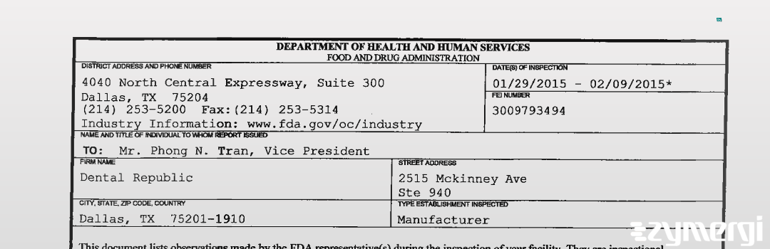 FDANews 483 Dental Republic Feb 9 2015 top