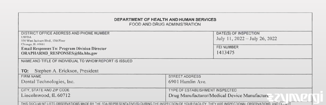 FDANews 483 Dental Technologies Inc. Jul 26 2022 top