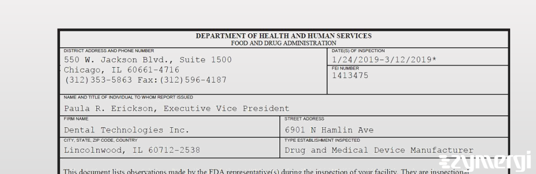 FDANews 483 Dental Technologies Inc. Mar 12 2019 top