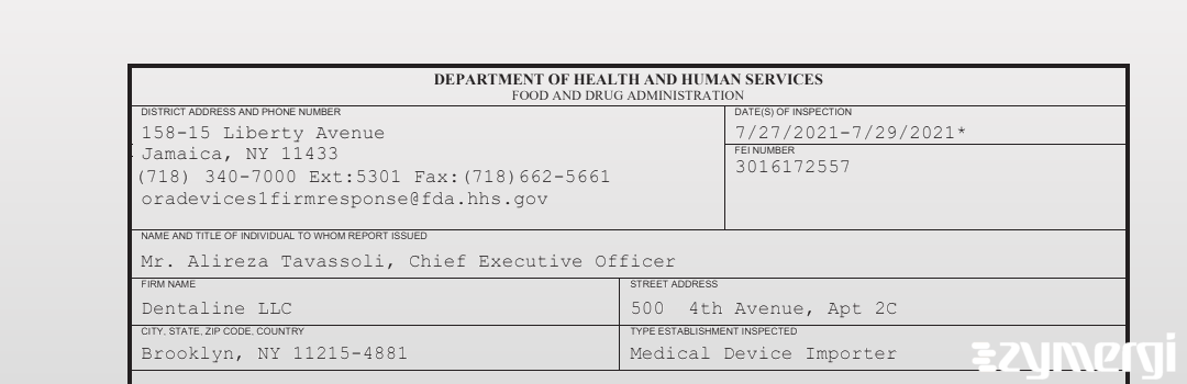 FDANews 483 Dentaline LLC Jul 29 2021 top