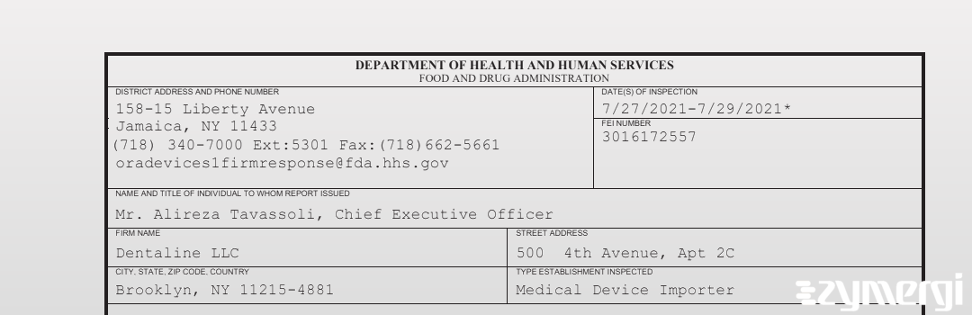 FDANews 483 Dentaline LLC Jul 29 2021 top