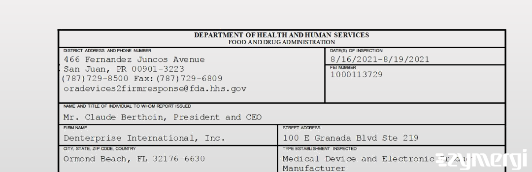 FDANews 483 Denterprise International, Inc. Aug 19 2021 top