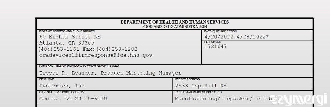 FDANews 483 Dentonics, Inc Apr 28 2022 top