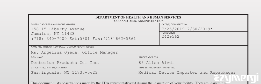 FDANews 483 Dentorium Products Co. Inc. Jul 30 2019 top