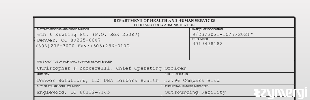 FDANews 483 Denver Solutions, LLC DBA Leiters Health Oct 7 2021 top