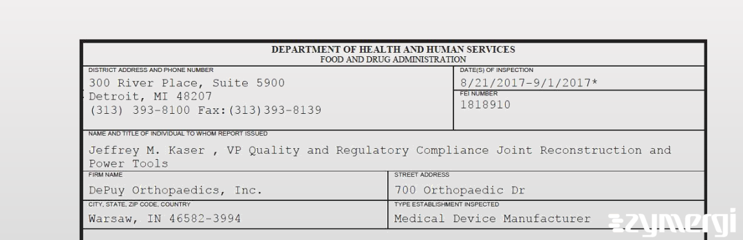 FDANews 483 DePuy Orthopaedics, Inc. Sep 1 2017 top