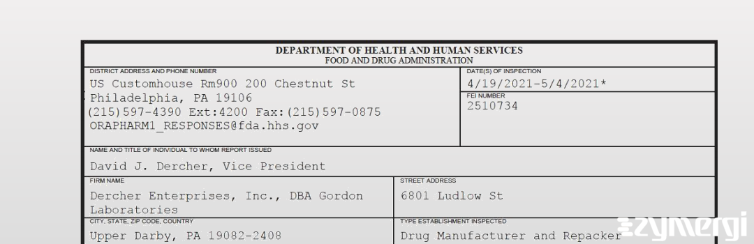 FDANews 483 Dercher Enterprises, Inc., DBA Gordon Laboratories May 4 2021 top