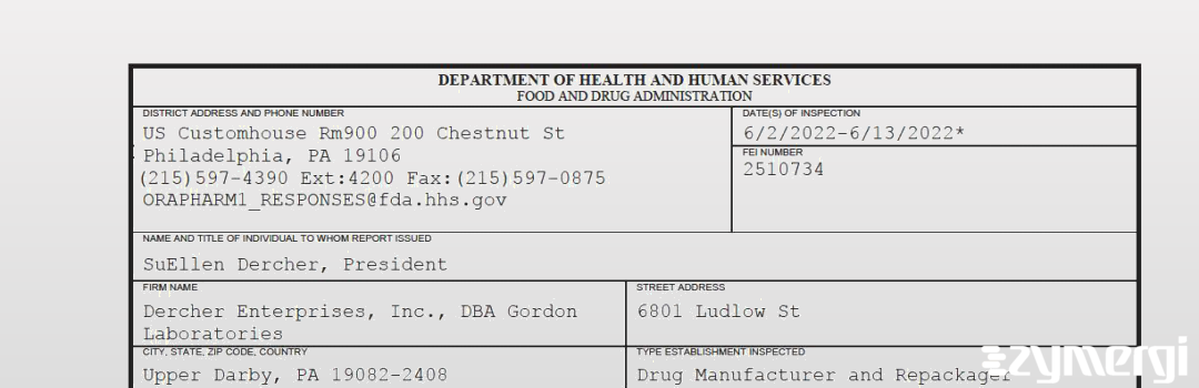 FDANews 483 Dercher Enterprises, Inc., DBA Gordon Laboratories Jun 13 2022 top