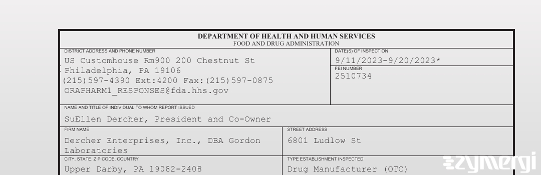 FDANews 483 Dercher Enterprises, Inc., DBA Gordon Laboratories Sep 20 2023 top