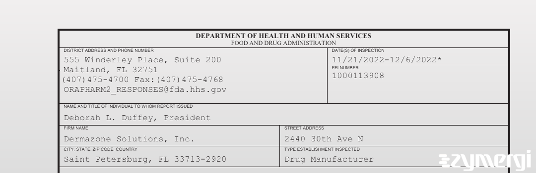 FDANews 483 Dermazone Solutions, Inc. Dec 6 2022 top