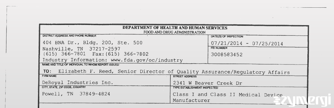 FDANews 483 DeRoyal Industries, Inc. Jul 25 2014 top