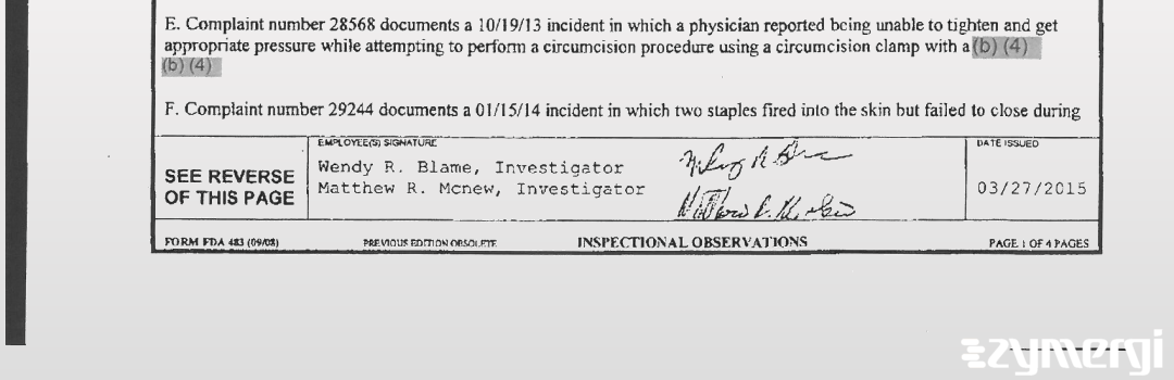 Matthew R. McNew FDA Investigator Wendy R. Blame FDA Investigator 