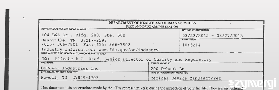 FDANews 483 DeRoyal Industries, Inc. Mar 27 2015 top