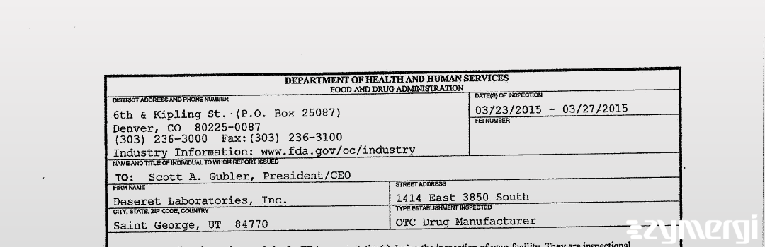 FDANews 483 Deseret Laboratories, Inc. Mar 27 2015 top
