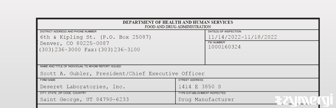 FDANews 483 Deseret Laboratories, Inc. Nov 18 2022 top